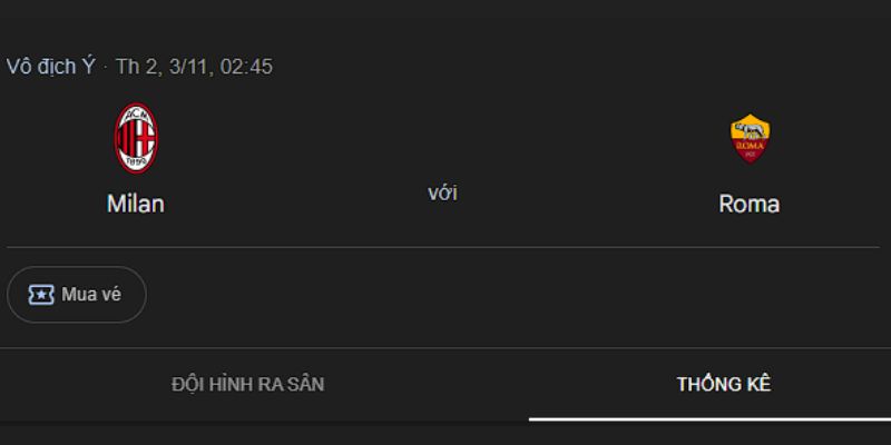 Tỷ lệ kèo hấp dẫn của trận đấu Roma vs Milan